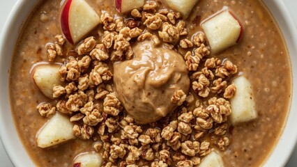 Image of a bowl with apple slices, granola, and peanut butter, showcasing a healthy breakfast or snack option.