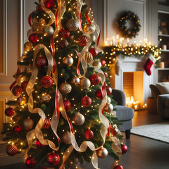 contemporary holiday tree with red and gold ornaments