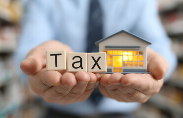 Businessman holding the word tax in his hands and a miniature model of a storehouse in the background