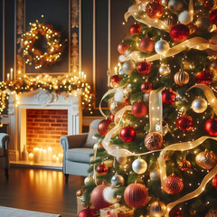 red and gold decorated christmas tree