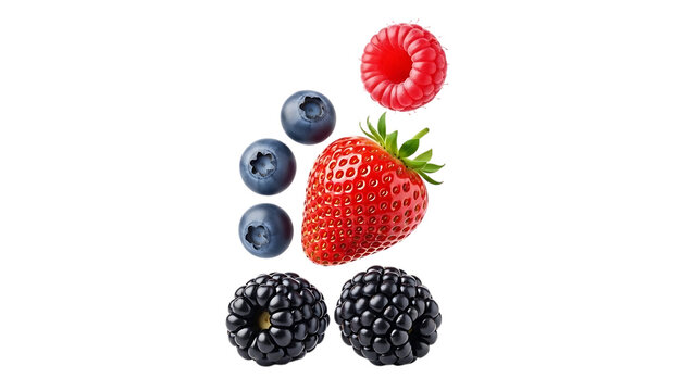 Colorful berries arranged in a human-like figure against a black background strawberry raspberry