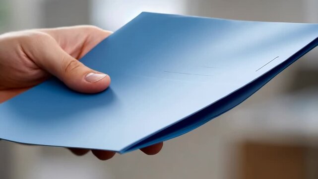 Hand holding blue folder with papers inside in a bright room during daylight hours showcasing document handling