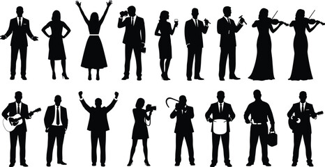 Collection of twenty male and female professional silhouettes, including musician, photographer, politician, violinist, and business people, representing diverse careers and talents vector 