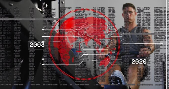 Rower doing rowing in fitness gym driving legs pulling handle updating red globe timeline tracking
