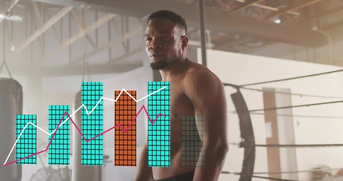Male boxer standing in gym at start, data charts growing overlaying lower half tracking metrics