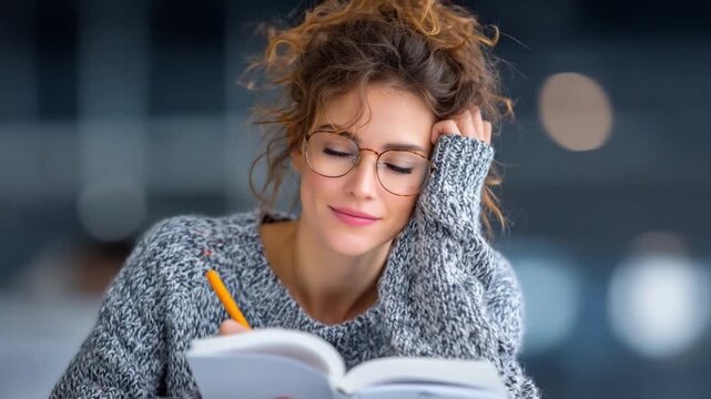 Serene Focus: A young woman with glasses, pensively immersed in reading or writing, creating a scene of intellectual and pensive exploration.