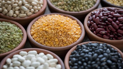 Obraz premium Assortment of dried legumes and pulses including yellow split peas red kidney beans and black beans displayed in rustic bowls