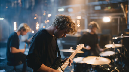 A band huddled backstage tuning guitars and warming up vocals, neon cables snaking across the floor as stage vibrations rumble through the walls — live music excitement, pre-concert ritual, and