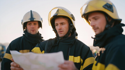 A firefighter team gathering around a digital map at dawn, planning containment routes during an active crisis while smoke colors the horizon — strategic emergency planning under pressure.