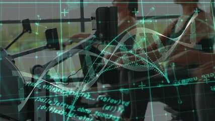 Two women pressing console and running on treadmills in fitness center, generating DNA data overlay - Powered by Adobe