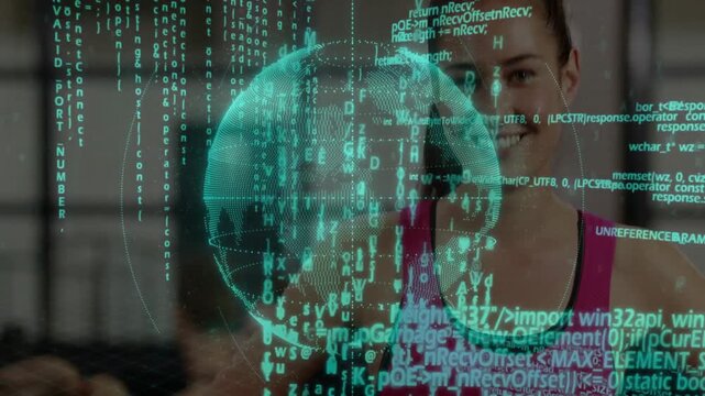 Group exercising, holo globe appearing and shifting, code revealing woman showing fitness metrics