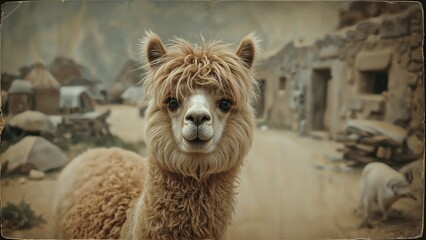 Fototapeta premium Young alpaca in a stone-built rural setting with rocky landscape and traditional structures. The scene captures a rustic environment with animals and countryside.