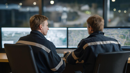 Hydropower dam technicians overseeing energy distribution control panels, water flow graphics shifting as turbines spin at full capacity &mdash; renewable generation, resource management, and national