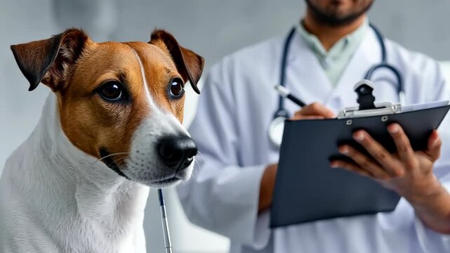 Veterinarian examines dog at animal clinic during check-up on a weekday afternoon