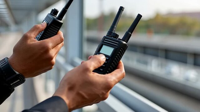 Hands holding walkie talkies at an outdoor location near a train station during daytime communication