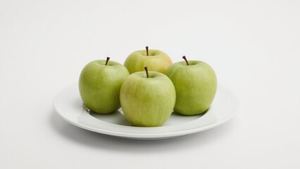 Green apples on a white plate. Fresh fruit and healthy eating. Dietary and nutrition concept. Organic produce and natural snacks.