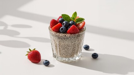 A glass of chia seed pudding topped with strawberries, blueberries, and mint leaves, with some berries and a strawberry outside the glass on a white background.