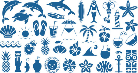  Tropical Summer Ocean Icon Set Silhouette Design for Travel Branding Stickers and Posters Editable Template.