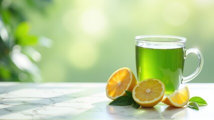 green tea in a glass cup with lemon in the sun, recovery from illness, colds