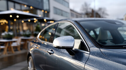 This close-up photograph features a blue car adorned with raindrops, highlighting its reflections and the inviting atmosphere of a modern urban environment.