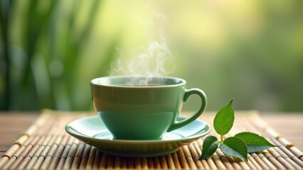 Green tea cup ron natural bamboo mat with loose leaves around under soft morning light, peaceful wellness mood, gentle peace