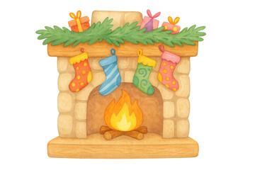 Obraz premium Watercolor style illustration showing a festive fireplace decorated for christmas with burning logs, stockings, presents, and green garland