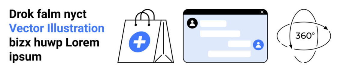 Fototapeta premium Ecommerce, online shopping, customer care, digital communication, interface design, virtual engagement. Shopping bag with medical cross, chat window and 360-degree icon. Ecommerce and online