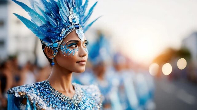 Celebration Attire: A woman in a beautiful feathered headpiece, with vibrant makeup. Celebrating an event in the street and looking at the setting sun. 
