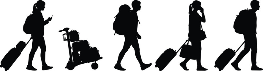 Silhouettes of five travelers walking with luggage, black figures showing motion, travel and transit illustration in airport setting