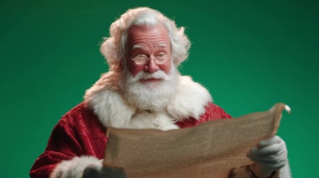 Cheerful Santa Claus holding a scroll, ready for Christmas Eve deliveries and spreading holiday joy