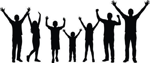 Silhouettes of joyful people raising arms, celebrating together, unity, family, community, happiness, diverse group, black figures on white background