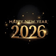 Happy New Year 2026 in Luxurious Golden 3D Text with Sparkle Flare Effects on a Dark Black Background for a Premium Holiday Invitation