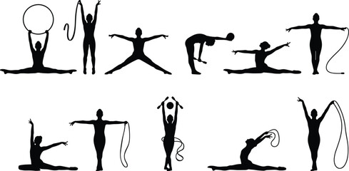 Silhouettes of rhythmic gymnasts with apparatus, elegant poses, dynamic movement, flexibility, artistic sport, ribbon, hoop, ball, performance