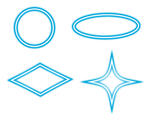 Four glowing neon geometric shapes on a black background: circle, oval, diamond, and star, t geometric shapes in vibrant blue neon outlines with white inner highlights against a transparent background