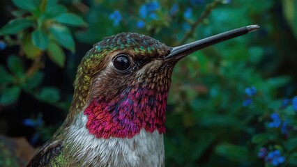 Naklejka premium Close-up of a hummingbird with vibrant pink and green feathers, surrounded by green foliage.