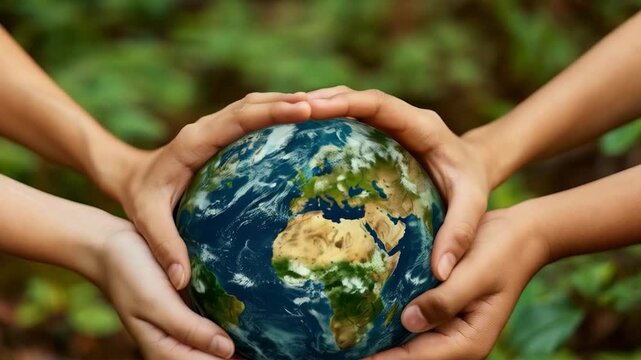 Children's hands gently embrace the globe, reminding us of the importance of ecology, which will emphasise the theme of caring for the planet on posters or in presentations as the main background.
