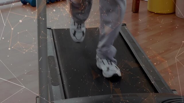 Single foot stepping onto moving belt, person's lower legs and feet finding steady jog for fitness