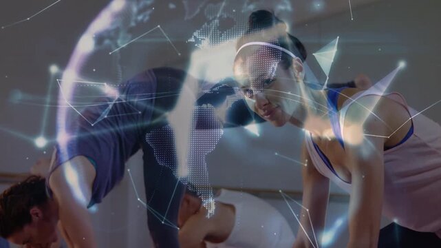 Lead woman lifting head, fitness class holding fold, network forming globe over mats for tech demo