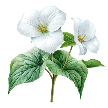 Trillium Flower, lively watercolor vector drawing with intricate brush, isolated on a white background.