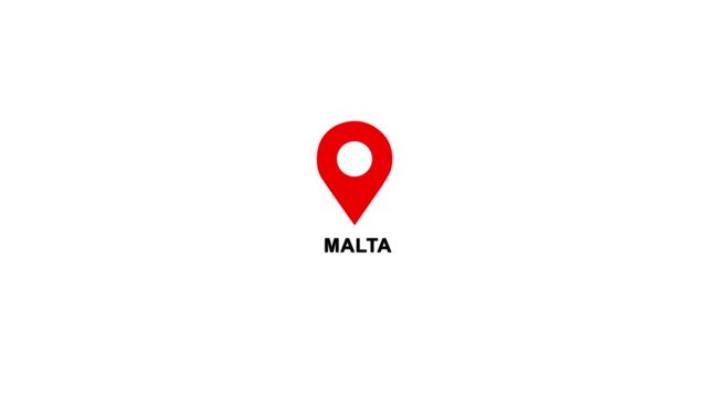 Malta country location pin animation. GPS tracking map pointer icon with alpha channel and white background, 4K video.