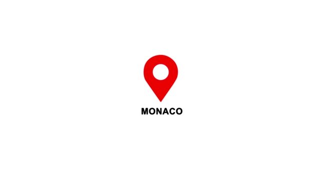 Monaco country location pin animation. GPS tracking map pointer icon with alpha channel and white background, 4K video.