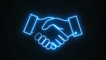 Glowing blue neon line art icon depicting a professional handshake agreement symbolizing partnership trust and successful collaboration against a dark background