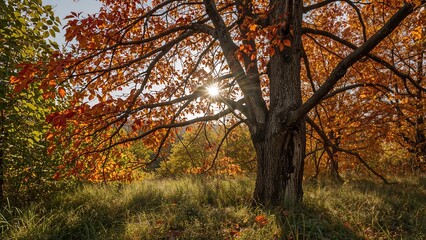 Fototapeta premium Autumn scene with a large tree, sunlight shining through the branches, and fall foliage. Nature and seasonal change. The concept of autumn and outdoor scenery.