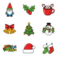 set of Christmas vector colorful design, vintage, vector, christmas, set, drawing, illustration, design, tree, holiday, card, art, symbol, hand drawn, retro, collection, icon, winter, decoration