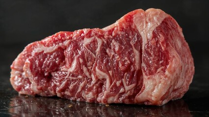 Raw meat cut, fresh piece of beef or steak with marbling texture. Meat and food preparation concept. Protein-rich food.