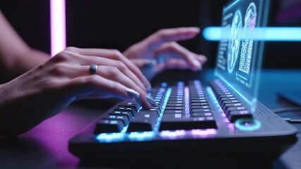 Person typing high-tech data on illuminated keyboard - Powered by Adobe