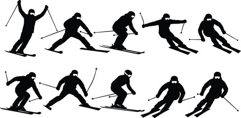 Skiing silhouettes, skier motion sequence, black vector, dynamic posture, winter sport, ski poles, downhill technique, white background, athletic movement, snow activity