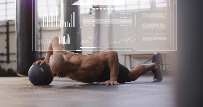 Male athlete starting plank on med ball, doing core pushups with HUD charts updating for fitness