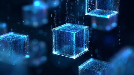 Abstract visualization of blockchain technology floating transparent cubes digital data glowing blue light futuristic network innovation secure connection modern technology concept