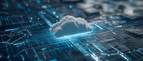 Cloud computing concept with digital blueprint wireframe overlays, glowing callout lines, and central cloud symbol, representing futuristic data storage and network technology innovation